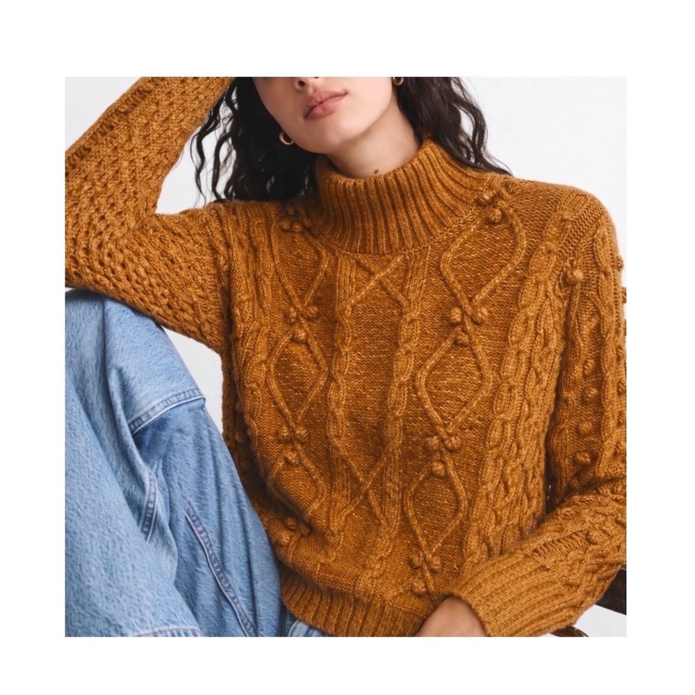 Cupcakes and Cashmere Mustard Yellow/Brown Mock Neck Cable Knit Sweater